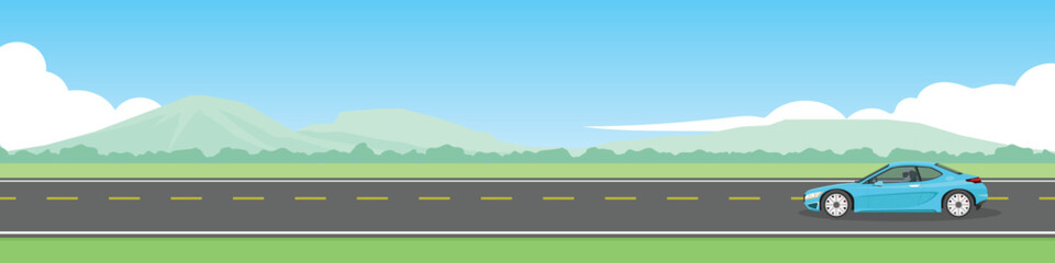 Travels of sport car with driving for banner. Asphalt road near the meadow with green mountain under clear sky. Copy Space Flat Vector.