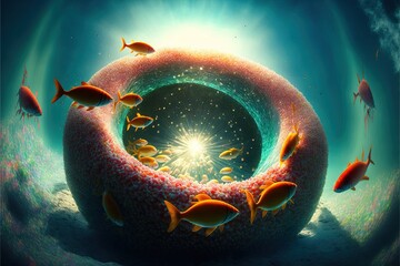 Beautiful shoal of fish swimming in a circular formation. - obrazy, fototapety, plakaty