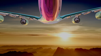 A brilliant jet is flying into beautiful sunrise sky (3D Rendering)