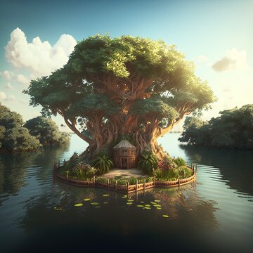 A golden tree in the middle of a island surrounded by a lake. A fantasy environment full of nature, druids and fae.