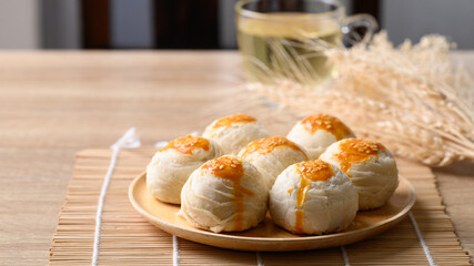 Chinese pastry moon cake, Traditional dessert celebrating in Chinese festival mid autumn or new year