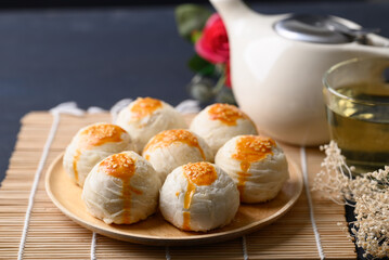 Chinese pastry moon cake, Traditional dessert celebrating in Chinese festival mid autumn or new year