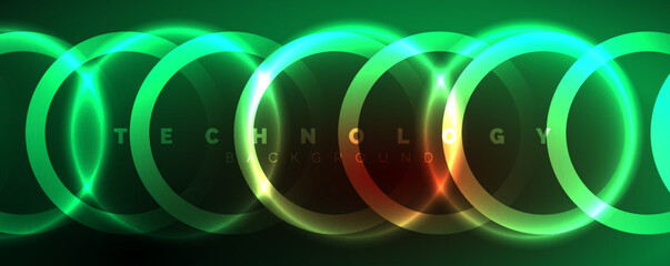 Neon shiny circles abstract background, technology energy space light concept, abstract background wallpaper design