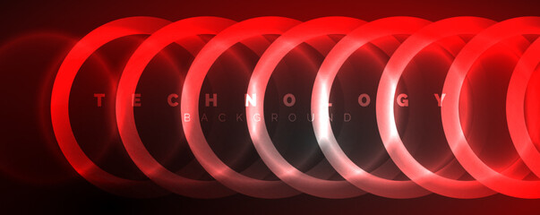 Neon glowing circles and round shape lines, magic energy space light concept, abstract background wallpaper design