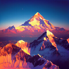 Snowy rocky mountain at sunset - obrazy, fototapety, plakaty