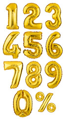design element. golden balloons numbers 0-9 and percent sign Isolated on white background