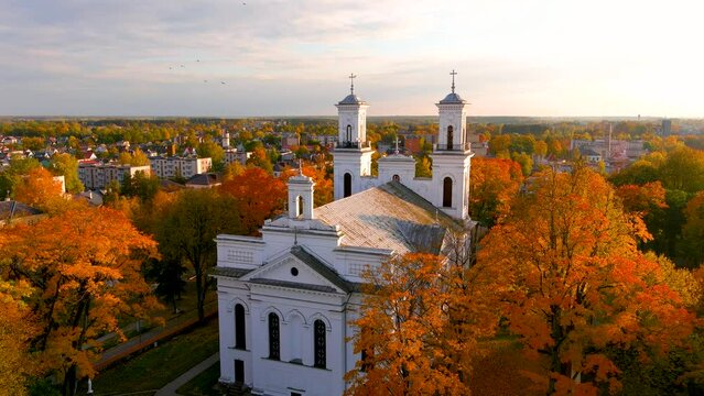 Beautiful aerial view of St. John the Baptist's Church in Birzai, Lithuania.