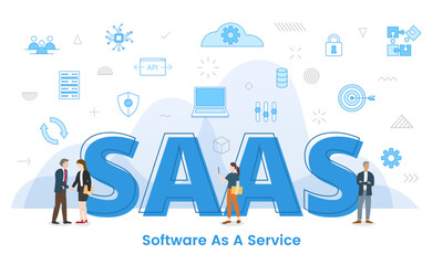saas software as a service concept with big words and people surrounded by related icon spreading with blue color