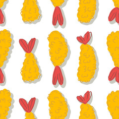 Ebi furai fried shrimp prawn tempura doodle seamless pattern. Perfect print for T-shirt, paper, textile and fabric. Hand drawn vector background for decor and design.
