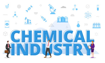 Naklejka premium chemical industry concept with big words and people surrounded by related icon spreading with blue color