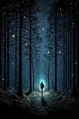walking through woods fireflies. The moon stars