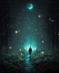 Obraz na płótnie Canvas walking through woods fireflies. The moon stars