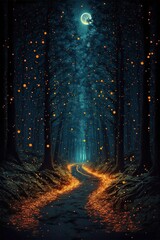 Fototapeta walking through woods fireflies. The moon stars obraz