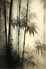 vintage painting of a bamboo forest, neutral colors, hazy