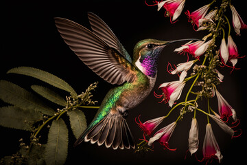 Hummingbird on a flower. Сlose up. Digital artwork.	