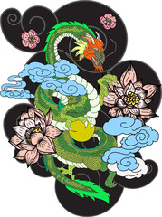 Traditional Japanese dragon with cherry blossom and wave for tattoo design.Hand drawn Chinese dragon for printing on shirt.Beautiful line art of dragon vector for painting on white isolated background