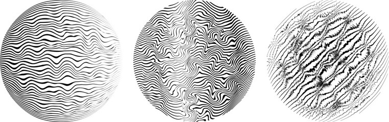 Set of black deformed vector spheres. Technology sphere logo. 3D design element for tattoo, symbol, web, prints, template, pattern, flyers, brochures,  background. Abstract geometric shape