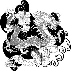 Traditional Japanese dragon with cherry blossom and wave for tattoo design.Hand drawn Chinese dragon for printing on shirt.Beautiful line art of dragon vector for painting on white isolated background