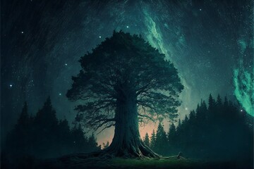 A dreamlike scene of a forest with a giant tree that seems to be made of stars