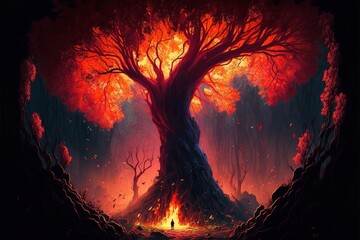 A dreamlike scene of a forest with a giant tree that seems to be made of fire, its branches and leaves a blazing, fiery red
