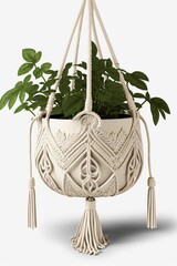 house plant with macramé hanging plant holder - isolated (generative ai)