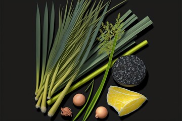 Obraz na płótnie Canvas Citronella lemongrass petitgrain palmarosa and patchouli for essential oils - flat lay (generative ai)
