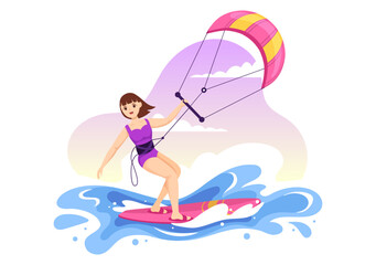 Kitesurfing Illustration with Kite Surfer Standing on Kiteboard in the Summer Sea in Extreme Water Sports Flat Cartoon Hand Drawn Template