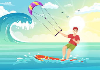 Kitesurfing Illustration with Kite Surfer Standing on Kiteboard in the Summer Sea in Extreme Water Sports Flat Cartoon Hand Drawn Template