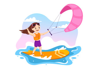 Kitesurfing Illustration with Kids Kite Surfer Standing on Kiteboard in the Summer Sea in Extreme Water Sports Flat Cartoon Hand Drawn Template