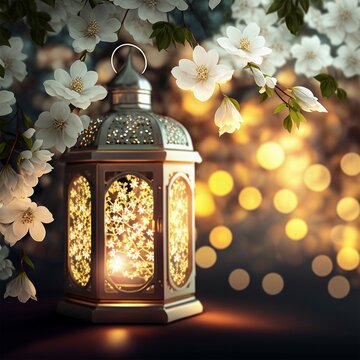 beautiful White flowers, prunus tree blossoms and glowing silver decorative Ramadan lantern on table, lovley flower
