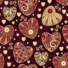 Vector purple seamless pattern with gold patterned vintage hearts and mandalas. Valentine, frame, background