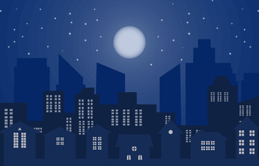 Naklejka premium Night city full moon with stars on a cloudy night sky. in the night