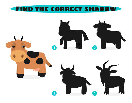 Find correct shadow. Cute farm animals. Education game. 