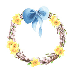 Spring pussy willow wreath watercolor with daffodil, colored eggs, blue bow isolated. Hand drawing Easter illustration