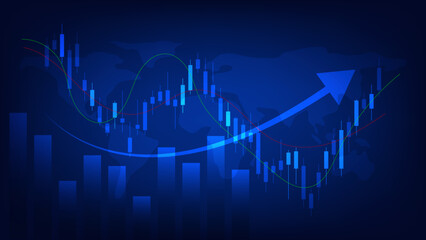 economy situation concept. Financial business statistics with bar graph and candlestick chart show stock market price and currency exchange on blue background