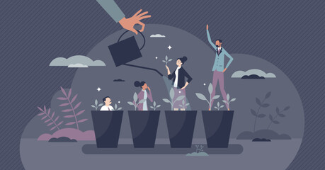 Professional career growth and personal development tiny person concept. Work performance improvement with high training, determination and ambition skills vector illustration. Employee job success.