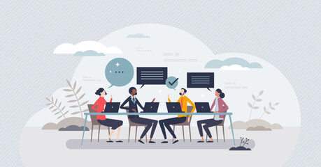 Project strategy team meeting or business future planning analysis tiny person concept. Brainstorm teamwork with talking process for discussion, presentation or idea management vector illustration.