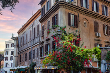 Old Historic Streets in Downtown Rome, Italy. Flowers and Sunset Sky Art Render.
