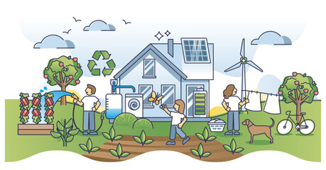 Green family home with sustainable ecological lifestyle scene outline concept. Environmental house with solar energy production, organic garden growth and parents with children vector illustration.