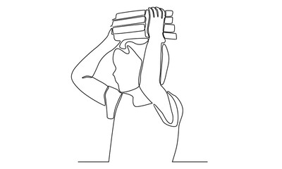 continuous line of man holding book on his head