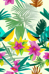 Beautiful textile pattern with bird, flowers and leaves. Floral plant pattern for fabric. Vector background for your design.