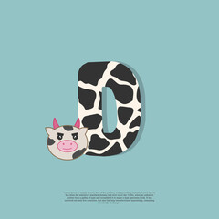 cow skin letter D with cute cow sticker doodle icon