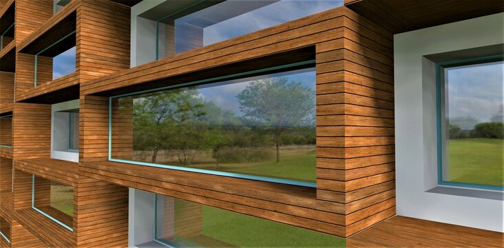 Exterior design finished with a facade board. An aesthetic and attractive option for a middle-class apartment building. 3d rendering.