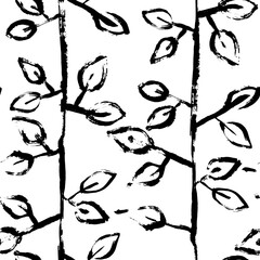 Abstract Hand Drawn Dry Brush Vector Seamless Leaves Pattern