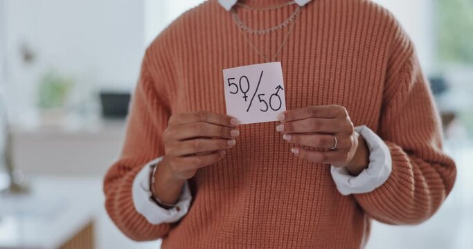 Hands, sign and gender equality in business, woman employee in workplace protest for human rights. Professional equity, equal salary and paper for balance of fair opportunity and social problem.