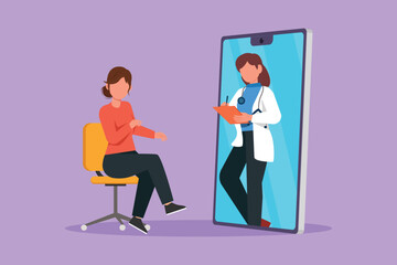 Graphic flat design drawing female doctor comes out of smartphone holding clipboard and checking condition of female patient sitting on chair. Online medical concept. Cartoon style vector illustration