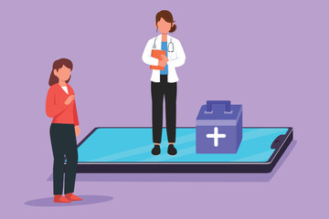 Character flat drawing female doctor standing on giant smartphone screen and talking with female patient. Digital online medical healthcare service and consultation. Cartoon design vector illustration