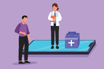 Obraz premium Graphic flat design drawing female doctor standing on big smartphone screen and talking with male patient. Digital Online medical healthcare service and consultation. Cartoon style vector illustration