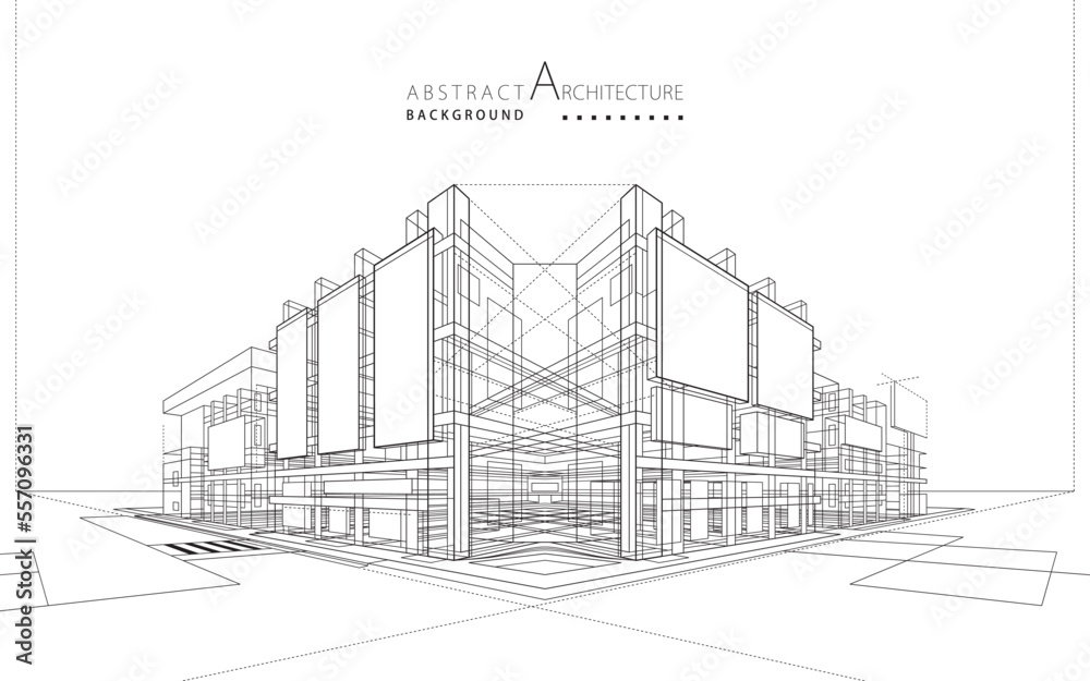 Aufkleber 3d illustration outline drawings of abstract modern urban buildings and architecture.
