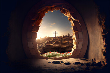 Empty tomb and crucification at the sunrise of the sun - Resurrection of Jesus Christ, Made by AI, Artificial intelligence